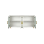 Meuble TV avec armoire de rangement et portes en verre – Bleu marine / Blanc antique / Or antique, MDF et pieds en fer style médiéval vintage, 1–2 utilisateurs