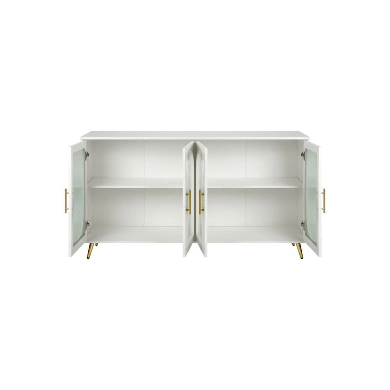 Meuble TV avec armoire de rangement et portes en verre – Bleu marine / Blanc antique / Or antique, MDF et pieds en fer style médiéval vintage, 1–2 utilisateurs