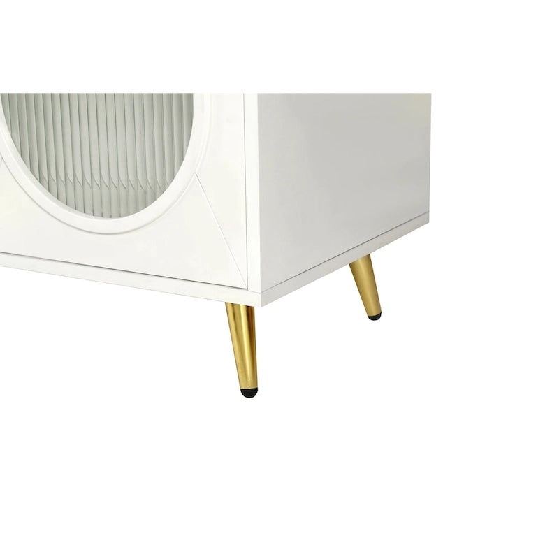 Meuble TV avec armoire de rangement et portes en verre – Bleu marine / Blanc antique / Or antique, MDF et pieds en fer style médiéval vintage, 1–2 utilisateurs