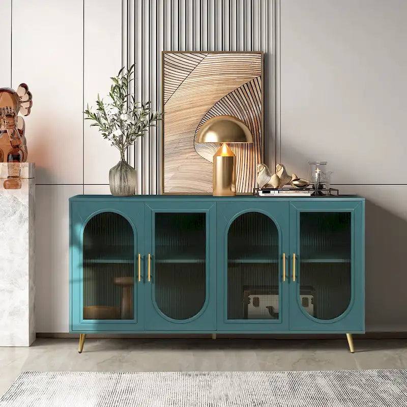 Meuble TV avec armoire de rangement et portes en verre – Bleu marine / Blanc antique / Or antique, MDF et pieds en fer style médiéval vintage, 1–2 utilisateurs