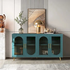Meuble TV avec armoire de rangement et portes en verre – Bleu marine / Blanc antique / Or antique, MDF et pieds en fer style médiéval vintage, 1–2 utilisateurs