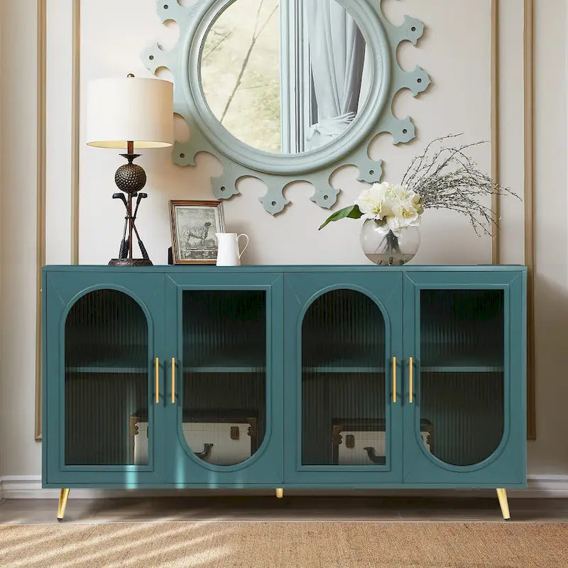 Meuble TV avec armoire de rangement et portes en verre – Bleu marine / Blanc antique / Or antique, MDF et pieds en fer style médiéval vintage, 1–2 utilisateurs