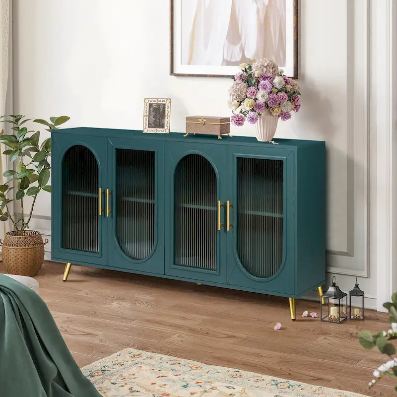 Meuble TV avec armoire de rangement et portes en verre – Bleu marine / Blanc antique / Or antique, MDF et pieds en fer style médiéval vintage, 1–2 utilisateurs
