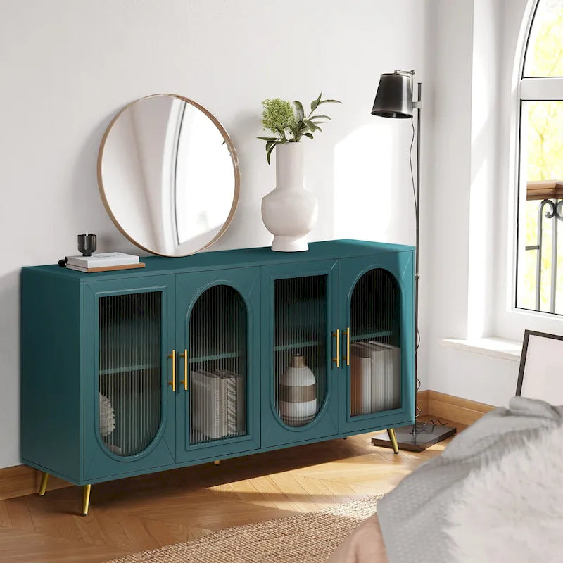Meuble TV avec armoire de rangement et portes en verre – Bleu marine / Blanc antique / Or antique, MDF et pieds en fer style médiéval vintage, 1–2 utilisateurs