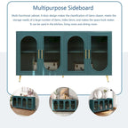 Meuble TV avec armoire de rangement et portes en verre – Bleu marine / Blanc antique / Or antique, MDF et pieds en fer style médiéval vintage, 1–2 utilisateurs