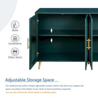 Meuble TV avec armoire de rangement et portes en verre – Bleu marine / Blanc antique / Or antique, MDF et pieds en fer style médiéval vintage, 1–2 utilisateurs
