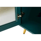 Meuble TV avec armoire de rangement et portes en verre – Bleu marine / Blanc antique / Or antique, MDF et pieds en fer style médiéval vintage, 1–2 utilisateurs