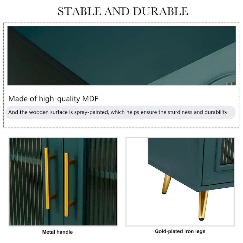 Meuble TV avec armoire de rangement et portes en verre – Bleu marine / Blanc antique / Or antique, MDF et pieds en fer style médiéval vintage, 1–2 utilisateurs
