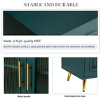 Meuble TV avec armoire de rangement et portes en verre – Bleu marine / Blanc antique / Or antique, MDF et pieds en fer style médiéval vintage, 1–2 utilisateurs