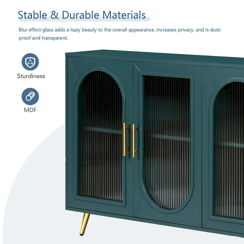 Meuble TV avec armoire de rangement et portes en verre – Bleu marine / Blanc antique / Or antique, MDF et pieds en fer style médiéval vintage, 1–2 utilisateurs