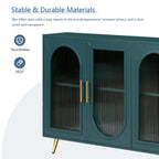 Meuble TV avec armoire de rangement et portes en verre – Bleu marine / Blanc antique / Or antique, MDF et pieds en fer style médiéval vintage, 1–2 utilisateurs