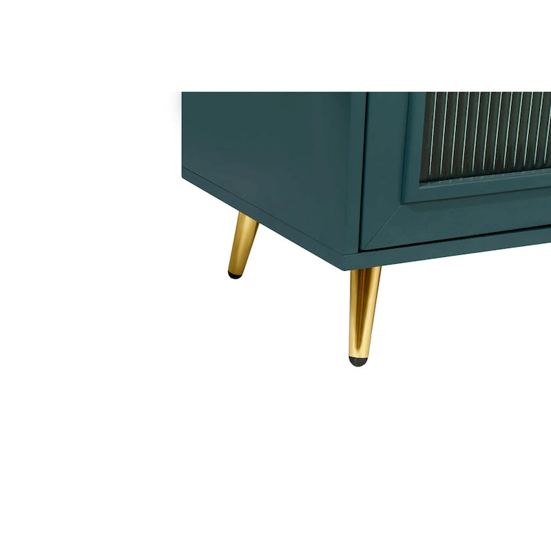 Meuble TV avec armoire de rangement et portes en verre – Bleu marine / Blanc antique / Or antique, MDF et pieds en fer style médiéval vintage, 1–2 utilisateurs