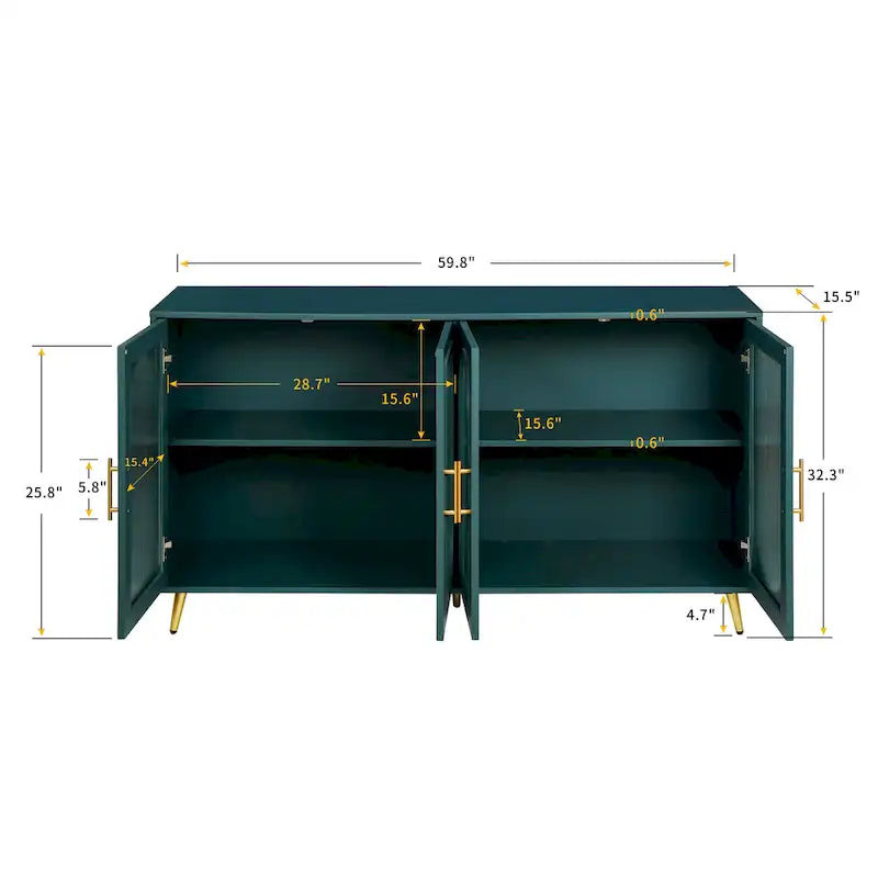 Meuble TV avec armoire de rangement et portes en verre – Bleu marine / Blanc antique / Or antique, MDF et pieds en fer style médiéval vintage, 1–2 utilisateurs