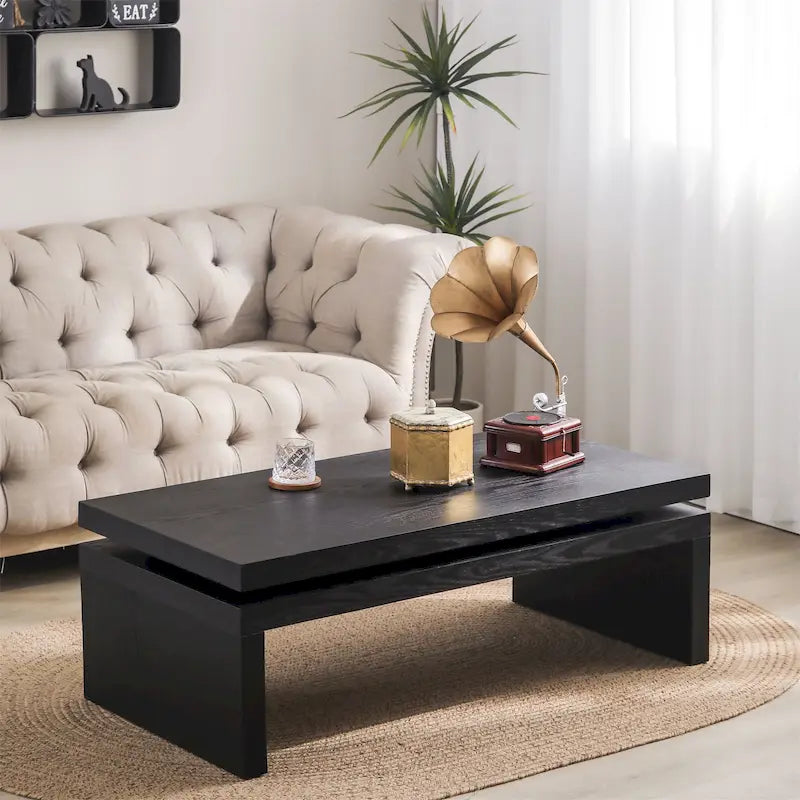 Table basse rectangulaire à 2 niveaux – Noir antique, bois de frêne industriel et cadre thermolaqué, pour une personne