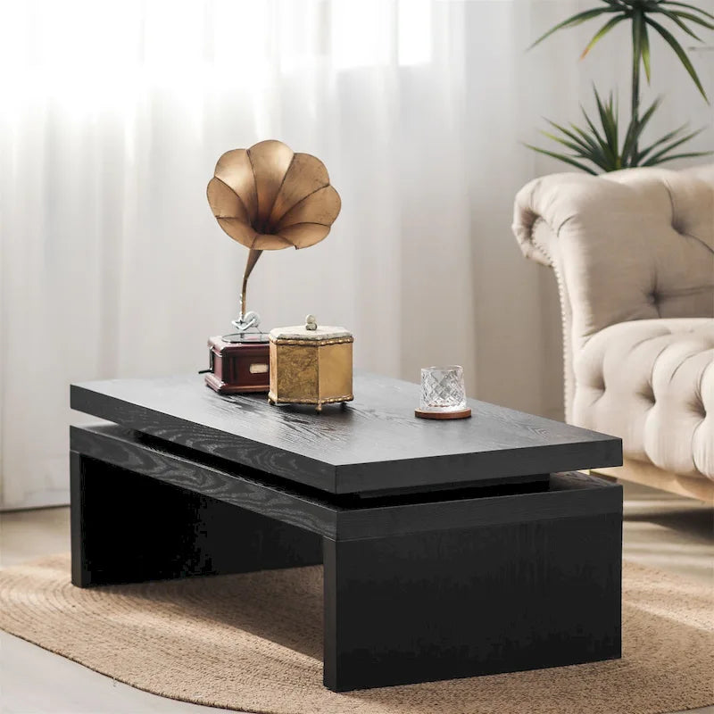 Table basse rectangulaire à 2 niveaux – Noir antique, bois de frêne industriel et cadre thermolaqué, pour une personne