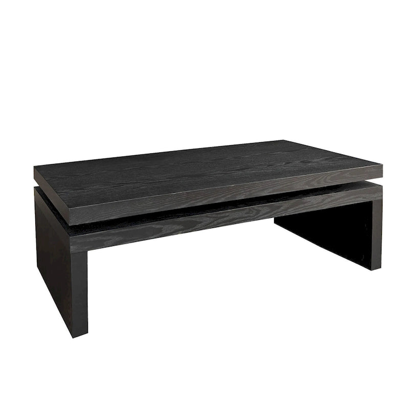 Table basse rectangulaire à 2 niveaux – Noir antique, bois de frêne industriel et cadre thermolaqué, pour une personne