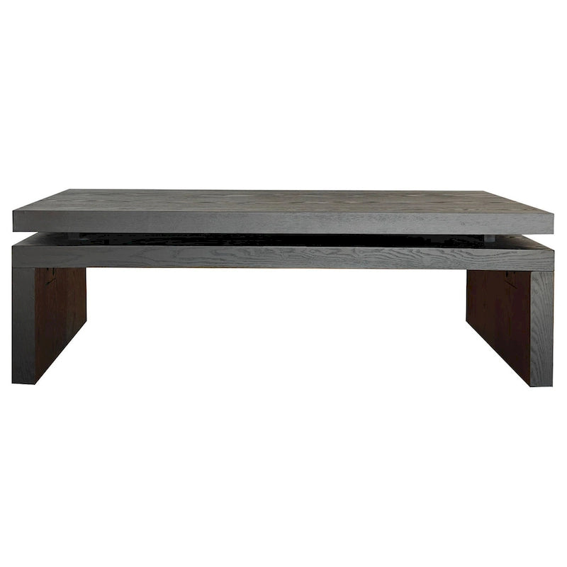 Table basse rectangulaire à 2 niveaux – Noir antique, bois de frêne industriel et cadre thermolaqué, pour une personne