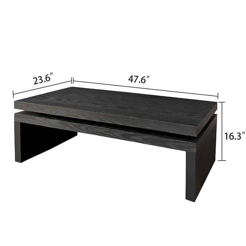 Table basse rectangulaire à 2 niveaux – Noir antique, bois de frêne industriel et cadre thermolaqué, pour une personne