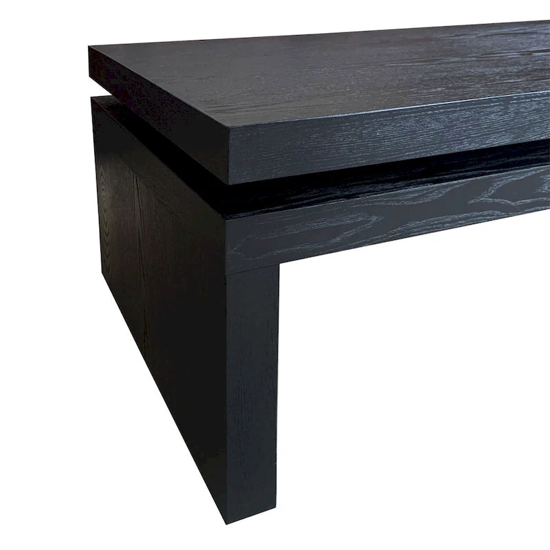 Table basse rectangulaire à 2 niveaux – Noir antique, bois de frêne industriel et cadre thermolaqué, pour une personne