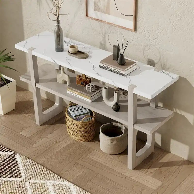 Console avec étagère – Naturel / Gris lavé / Bleu marine / Blanc antique / Espresso, dessus en bois d'hévéa rétro et effet marbre, utilisateur unique
