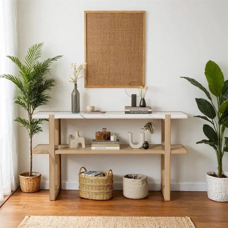 Console avec étagère – Naturel / Gris lavé / Bleu marine / Blanc antique / Espresso, dessus en bois d'hévéa rétro et effet marbre, utilisateur unique