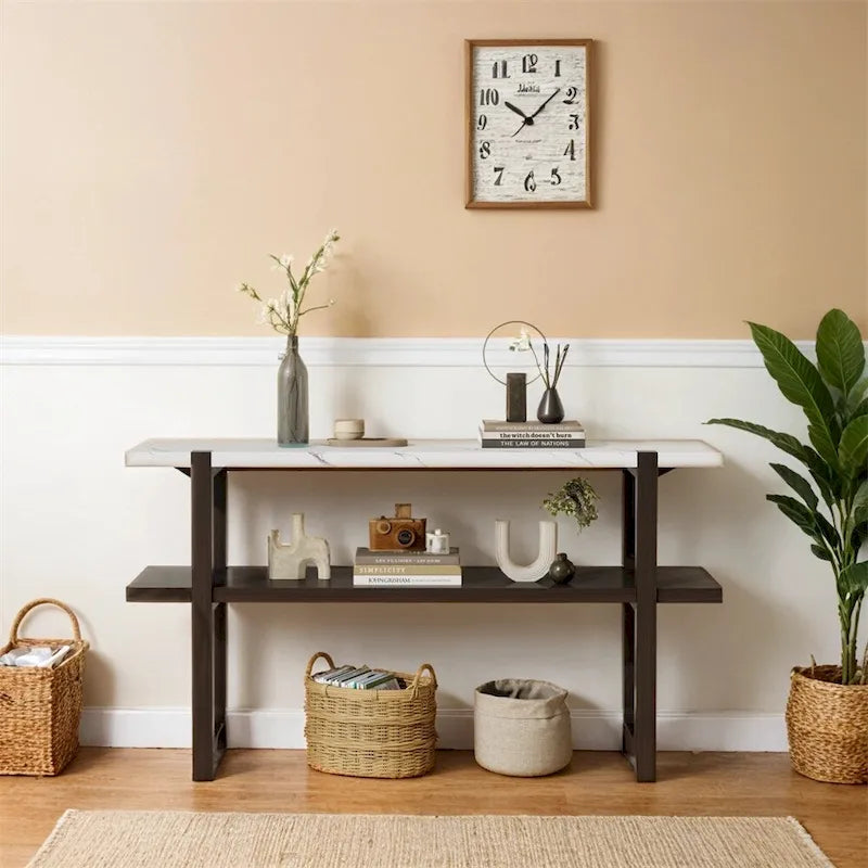 Console avec étagère – Naturel / Gris lavé / Bleu marine / Blanc antique / Espresso, dessus en bois d'hévéa rétro et effet marbre, utilisateur unique