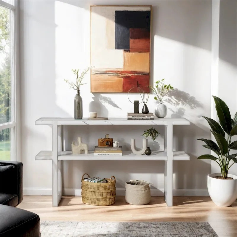 Console avec étagère – Naturel / Gris lavé / Bleu marine / Blanc antique / Espresso, dessus en bois d'hévéa rétro et effet marbre, utilisateur unique