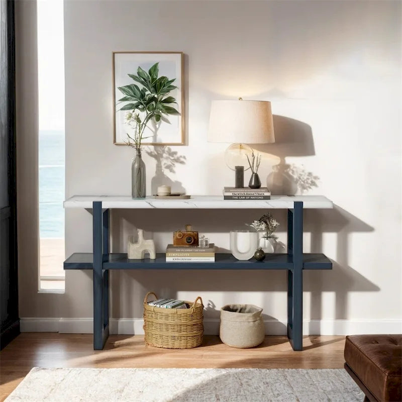 Console avec étagère – Naturel / Gris lavé / Bleu marine / Blanc antique / Espresso, dessus en bois d'hévéa rétro et effet marbre, utilisateur unique