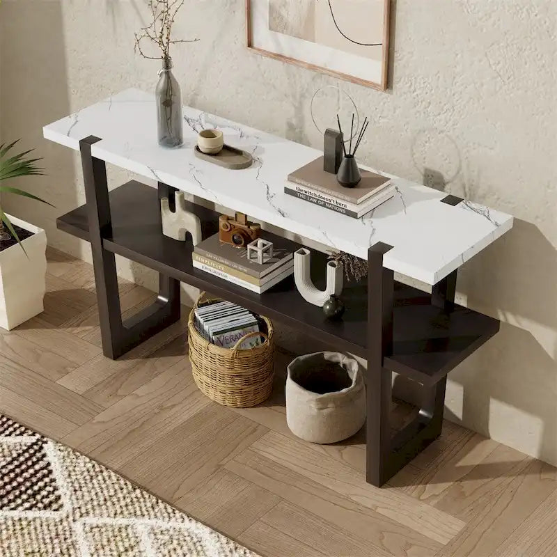 Console avec étagère – Naturel / Gris lavé / Bleu marine / Blanc antique / Espresso, dessus en bois d'hévéa rétro et effet marbre, utilisateur unique