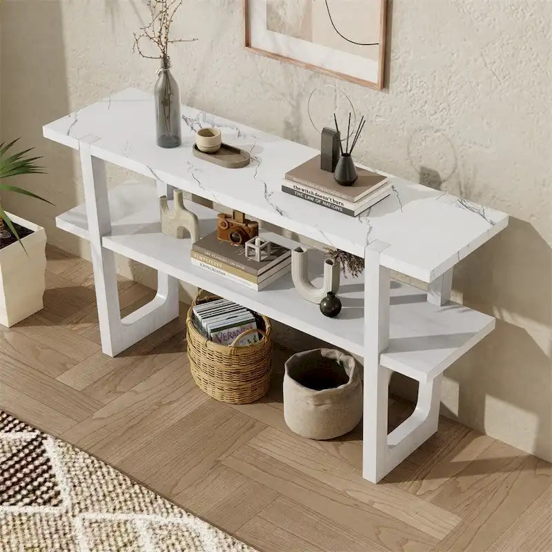 Console avec étagère – Naturel / Gris lavé / Bleu marine / Blanc antique / Espresso, dessus en bois d'hévéa rétro et effet marbre, utilisateur unique