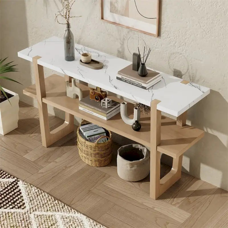 Console avec étagère – Naturel / Gris lavé / Bleu marine / Blanc antique / Espresso, dessus en bois d'hévéa rétro et effet marbre, utilisateur unique