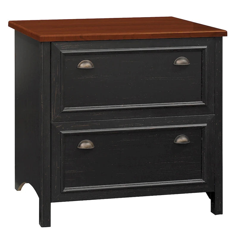 Meuble de classement latéral à 2 tiroirs, couleur noir antique et cerisier Hansen, avec glissières à billes pour 1