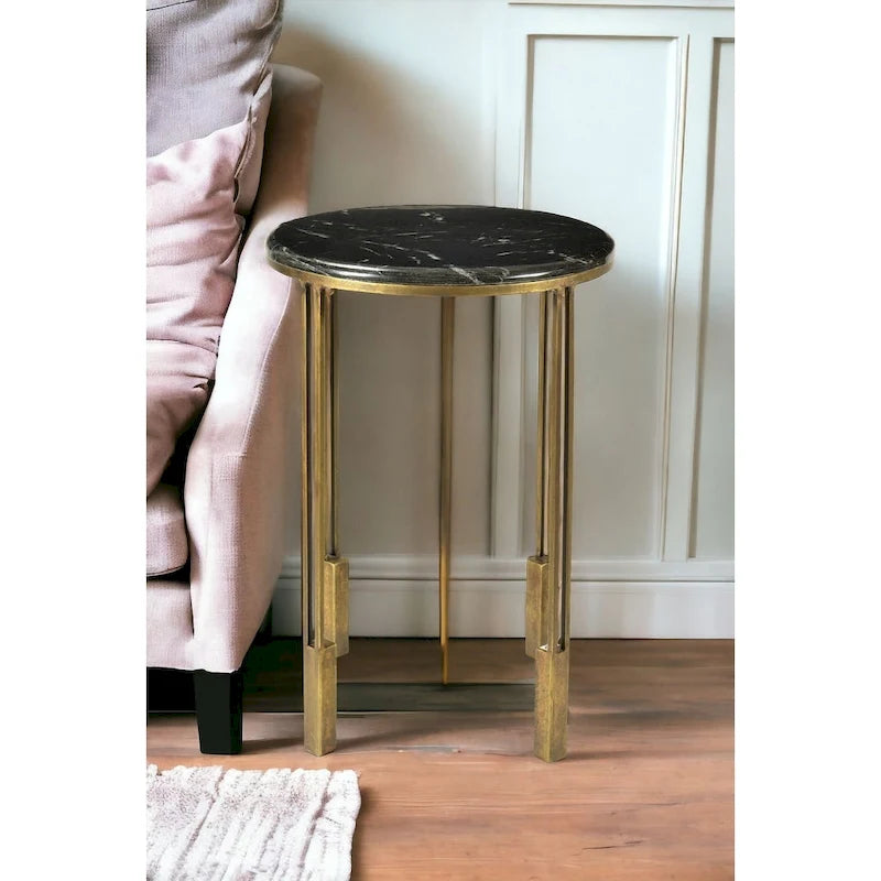 Table d'appoint ronde – Noir et doré, plateau en marbre et piètement en fer, usage individuel