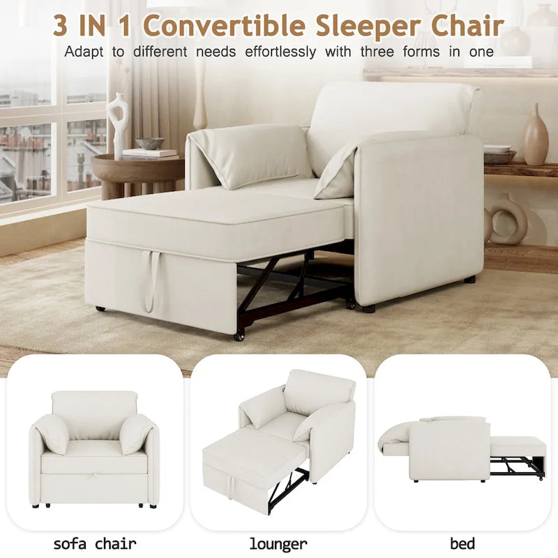 Canapé convertible 3 en 1 en lin blanc/gris pour 1 personne