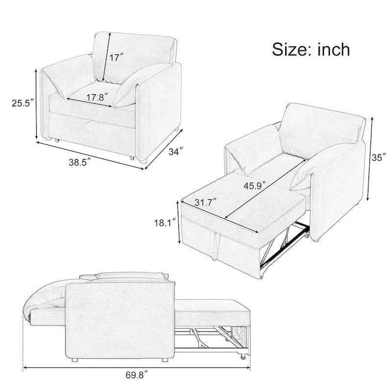 Canapé convertible 3 en 1 en lin blanc/gris pour 1 personne