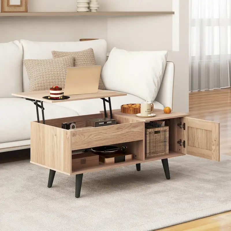 Table basse relevable avec rangement – Naturel/Marron, MDF moderne, 1 à 2 utilisateurs