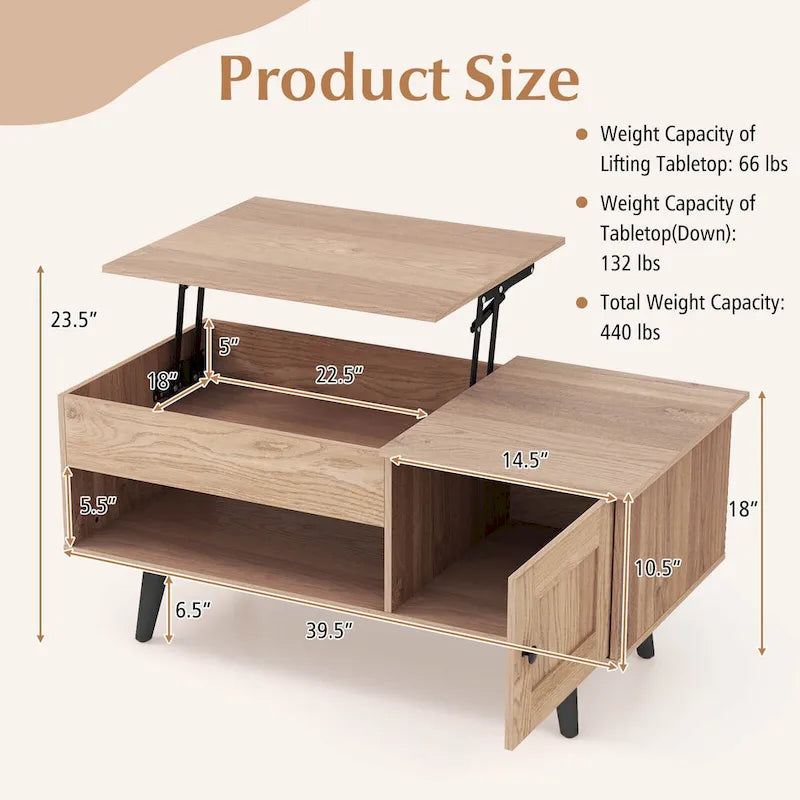 Table basse relevable avec rangement – Naturel/Marron, MDF moderne, 1 à 2 utilisateurs
