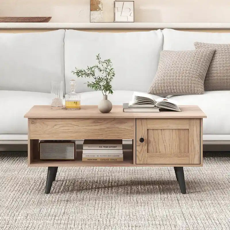 Table basse relevable avec rangement – Naturel/Marron, MDF moderne, 1 à 2 utilisateurs