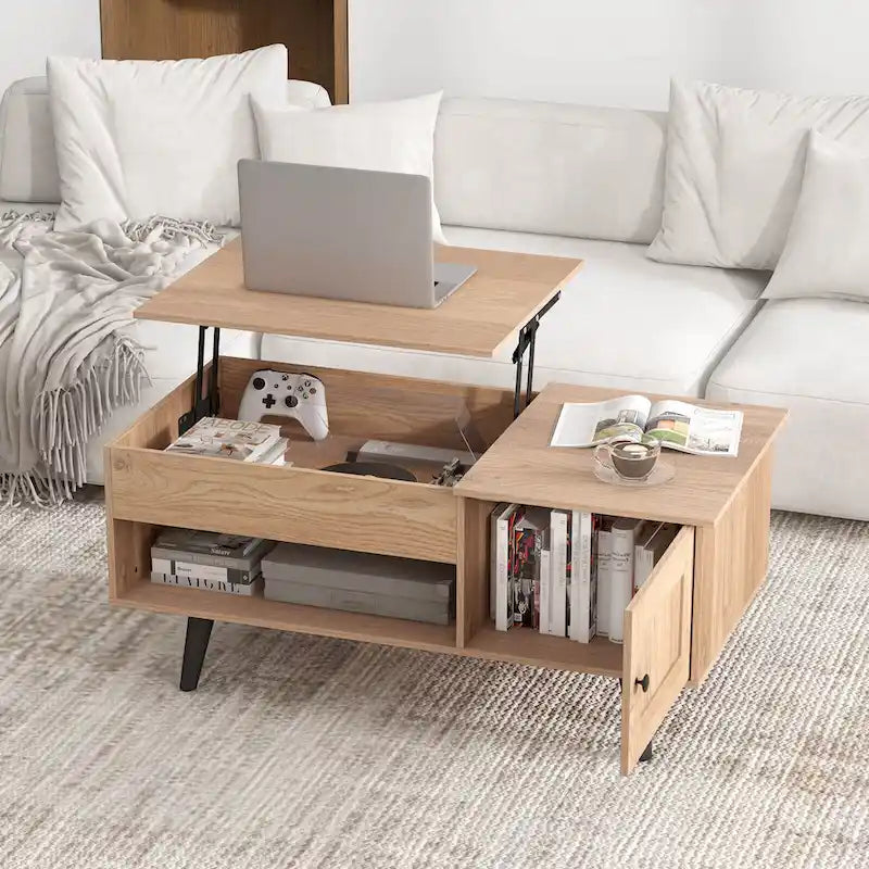 Table basse relevable avec rangement – Naturel/Marron, MDF moderne, 1 à 2 utilisateurs