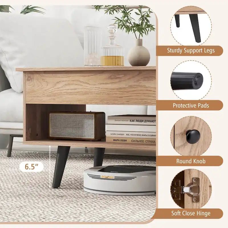 Table basse relevable avec rangement – Naturel/Marron, MDF moderne, 1 à 2 utilisateurs