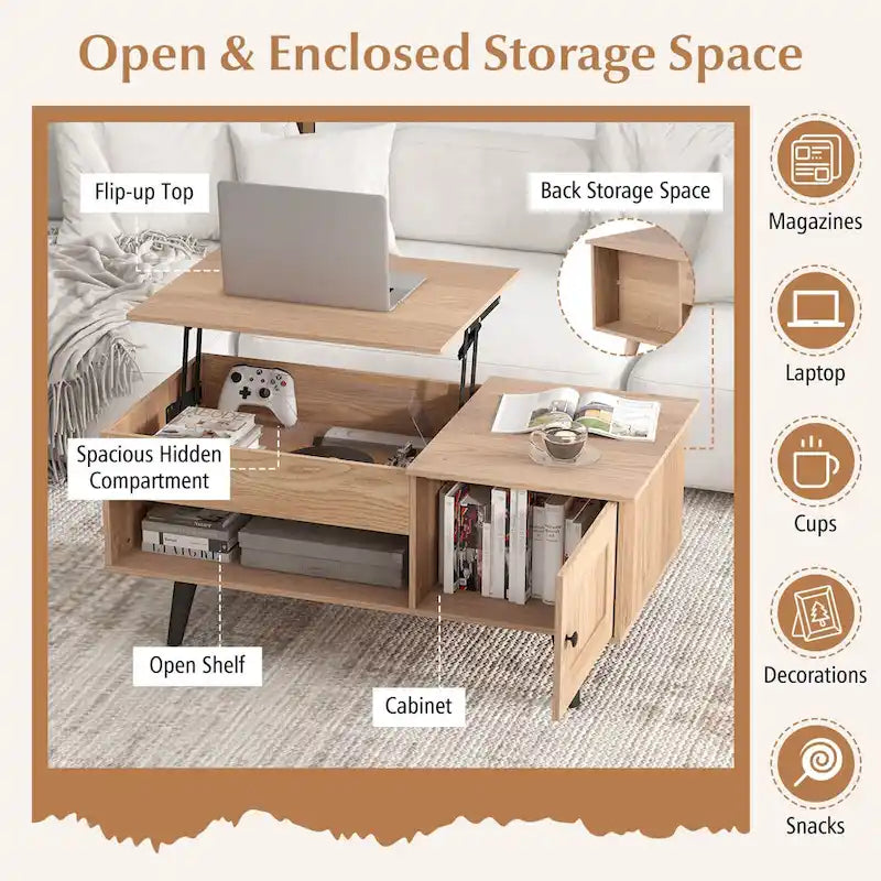 Table basse relevable avec rangement – Naturel/Marron, MDF moderne, 1 à 2 utilisateurs