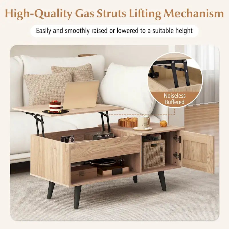 Table basse relevable avec rangement – Naturel/Marron, MDF moderne, 1 à 2 utilisateurs