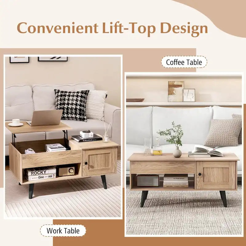 Table basse relevable avec rangement – Naturel/Marron, MDF moderne, 1 à 2 utilisateurs