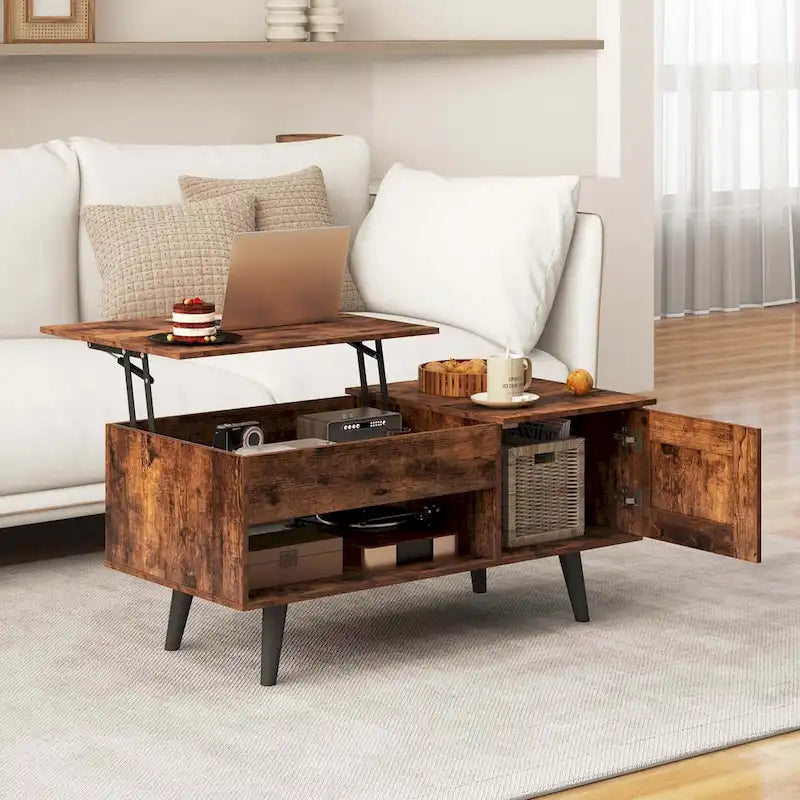 Table basse relevable avec rangement – Naturel/Marron, MDF moderne, 1 à 2 utilisateurs