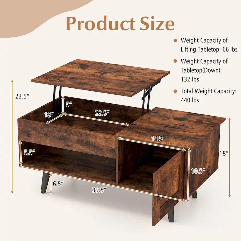 Table basse relevable avec rangement – Naturel/Marron, MDF moderne, 1 à 2 utilisateurs