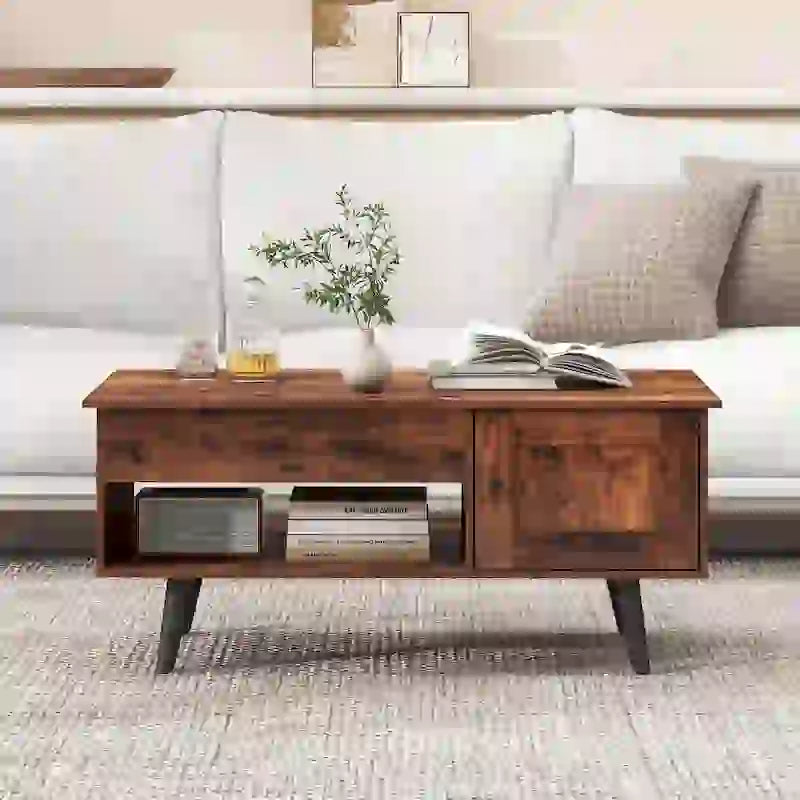 Table basse relevable avec rangement – Naturel/Marron, MDF moderne, 1 à 2 utilisateurs