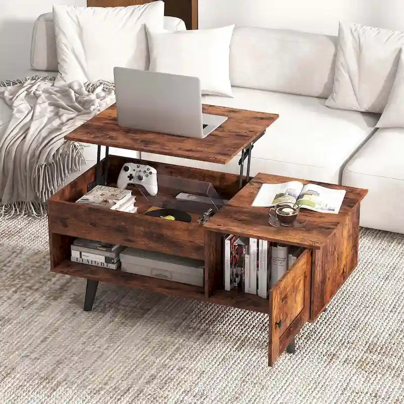 Table basse relevable avec rangement – Naturel/Marron, MDF moderne, 1 à 2 utilisateurs