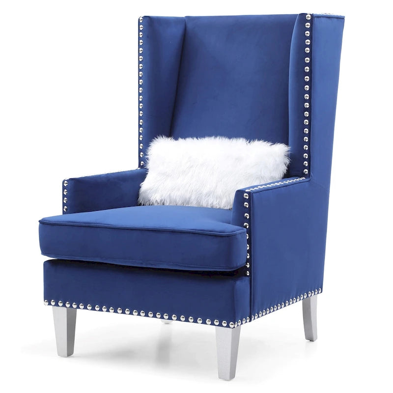 Fauteuil d'appoint dossier haut en velours bleu avec coussin en fausse fourrure pour 1 personne