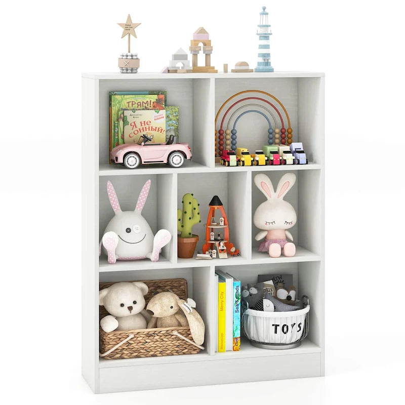 Meuble de rangement pour jouets/bibliothèque 7 compartiments en MDF blanc/marron avec dispositifs anti-basculement pour 1