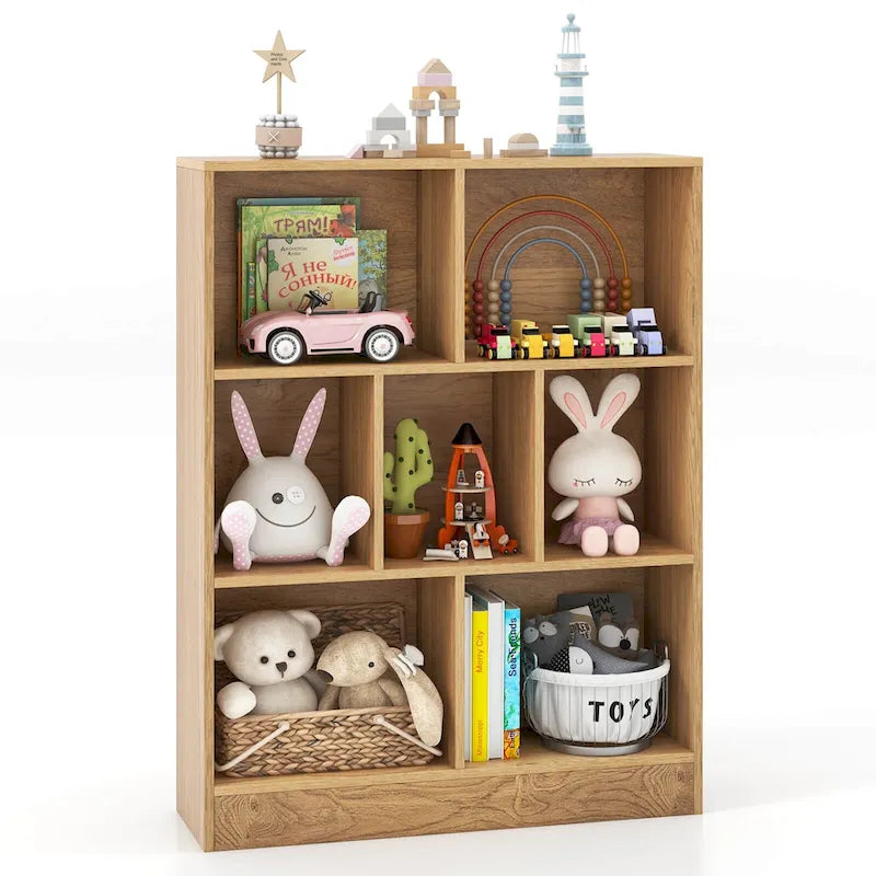 Meuble de rangement pour jouets/bibliothèque 7 compartiments en MDF blanc/marron avec dispositifs anti-basculement pour 1